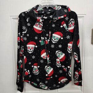 New No Boundaries Holiday Hoodie - Black with Skull Heads in Santa Hats - XS